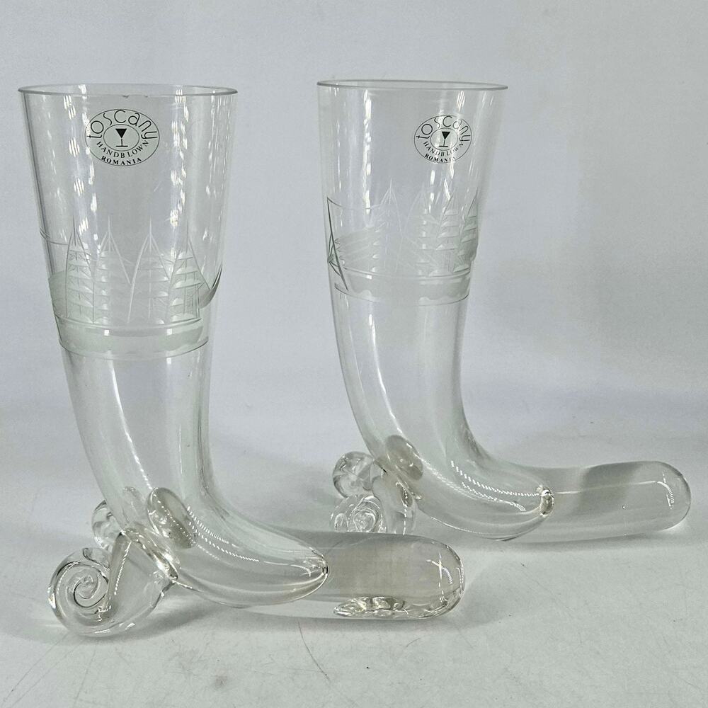 Toscany Clipper etched hand blown glass horn of plenty pilsner glasses vases